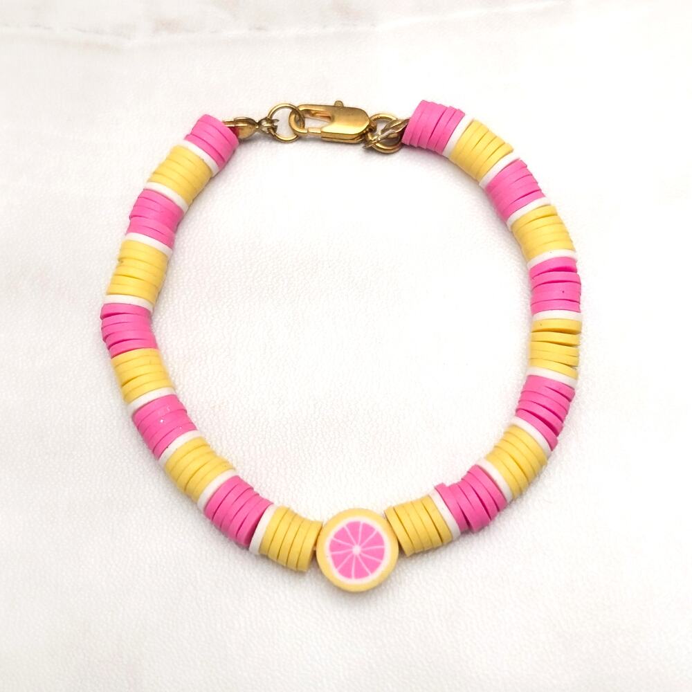 Pink & Yellow Stretch Bracelet with Fruit Charm and Lobster Clasp